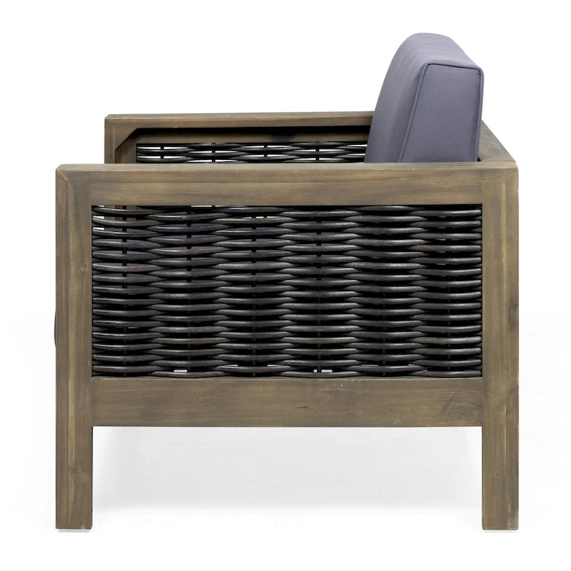 Acacia Wood and Wicker Club Chair with Cushion Slatted Design Weather-Resistant