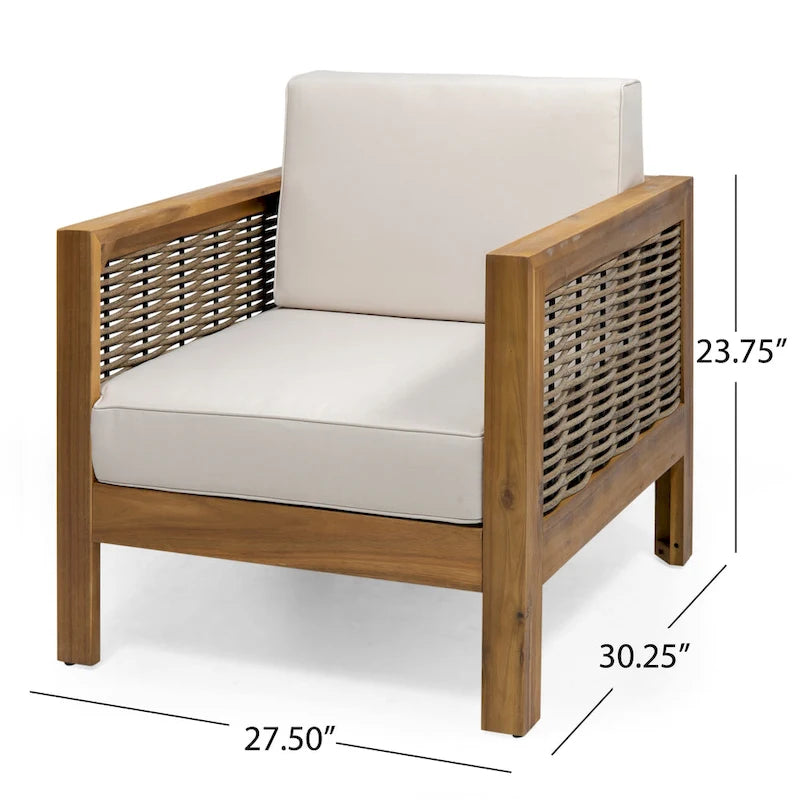 Acacia Wood and Wicker Club Chair with Cushion Slatted Design Weather-Resistant