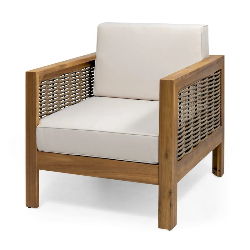 Acacia Wood and Wicker Club Chair with Cushion Slatted Design Weather-Resistant