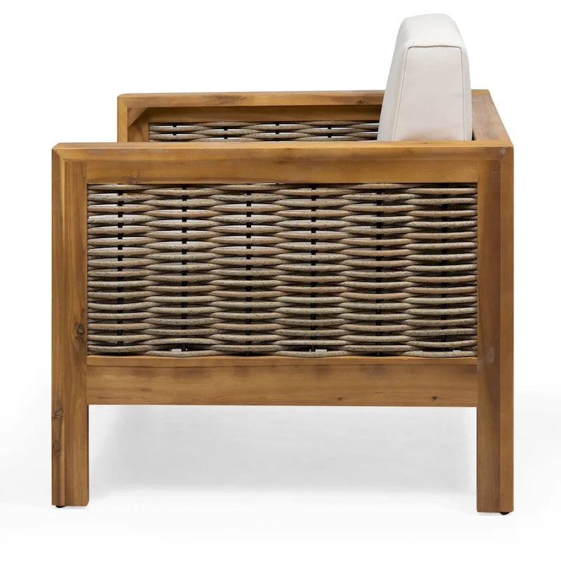 Acacia Wood and Wicker Club Chair with Cushion Slatted Design Weather-Resistant