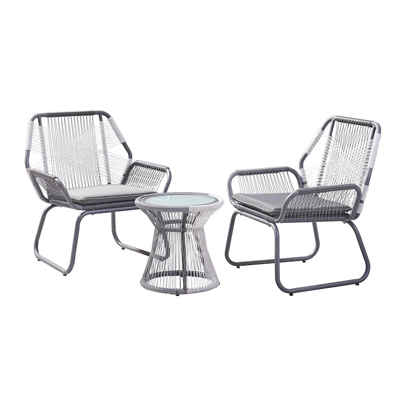 3-Piece Wicker Chat Set Gray/White 2 Chairs 1 Glass Table for 2 People