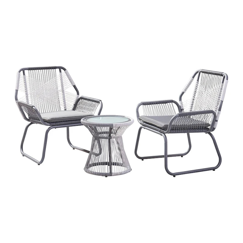 3-Piece Wicker Chat Set Gray/White 2 Chairs 1 Glass Table for 2 People