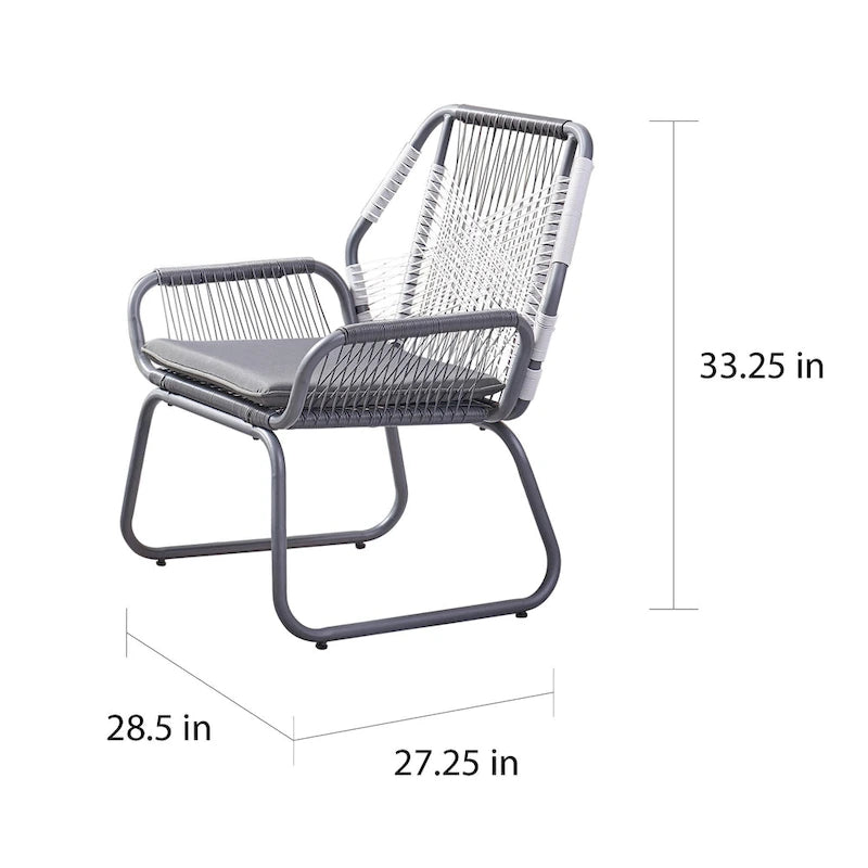 3-Piece Wicker Chat Set Gray/White 2 Chairs 1 Glass Table for 2 People