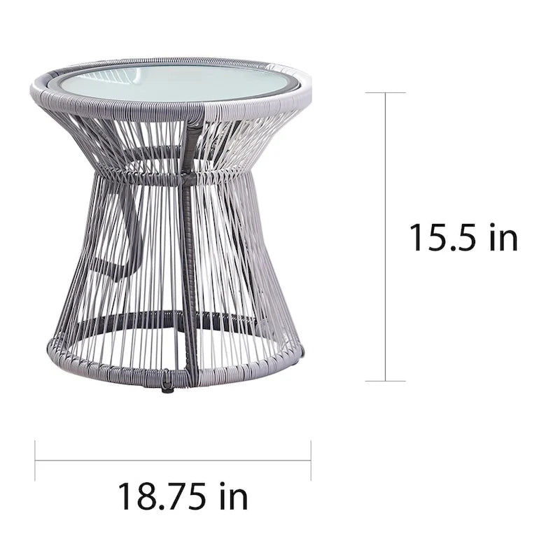 3-Piece Wicker Chat Set Gray/White 2 Chairs 1 Glass Table for 2 People
