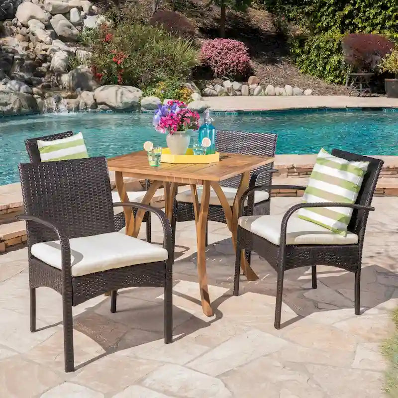 5-Piece Patio Dining Set for 4 People Acacia Wood Table Wicker Chairs