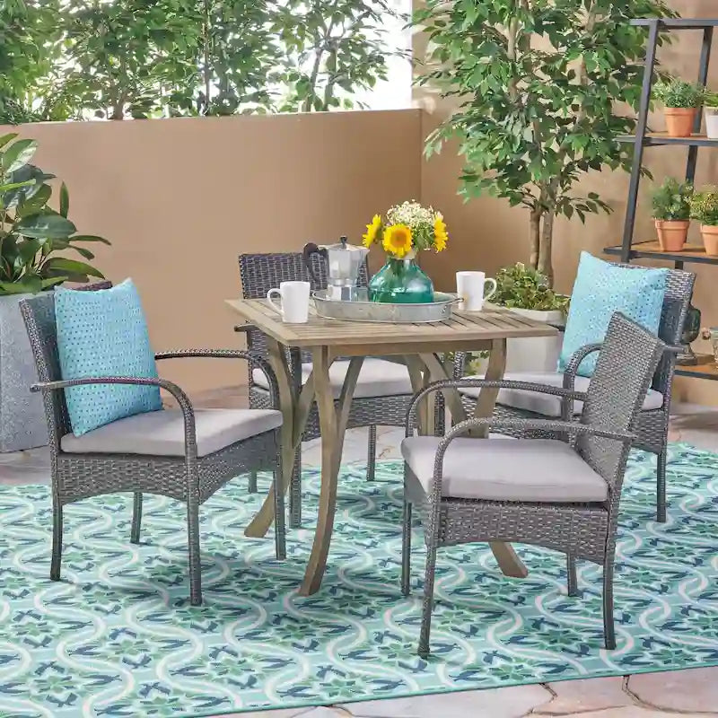 5-Piece Patio Dining Set for 4 People Acacia Wood Table Wicker Chairs