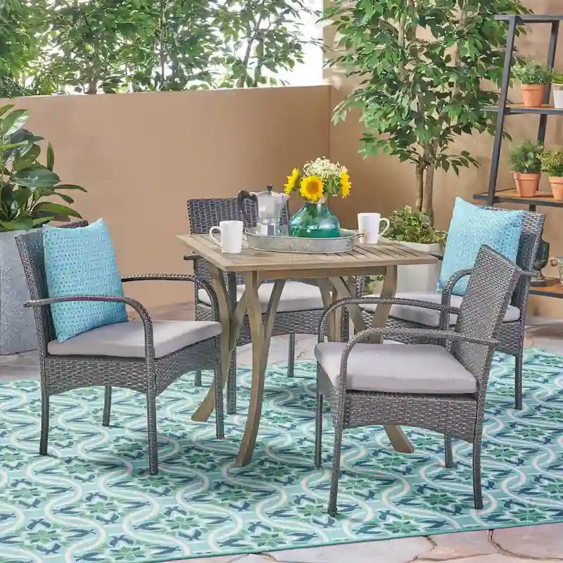 5-Piece Patio Dining Set for 4 People Acacia Wood Table Wicker Chairs