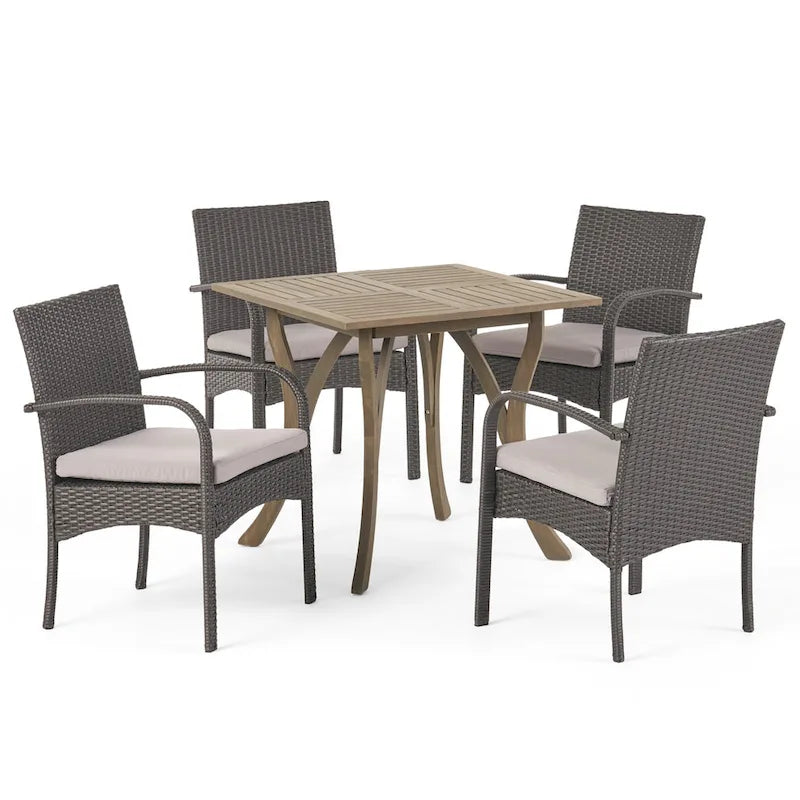 5-Piece Patio Dining Set for 4 People Acacia Wood Table Wicker Chairs