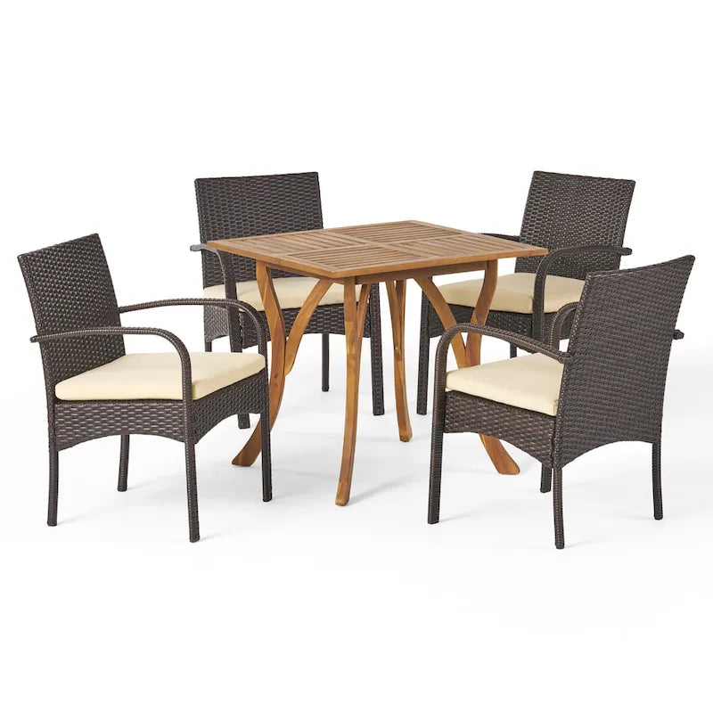 5-Piece Patio Dining Set for 4 People Acacia Wood Table Wicker Chairs