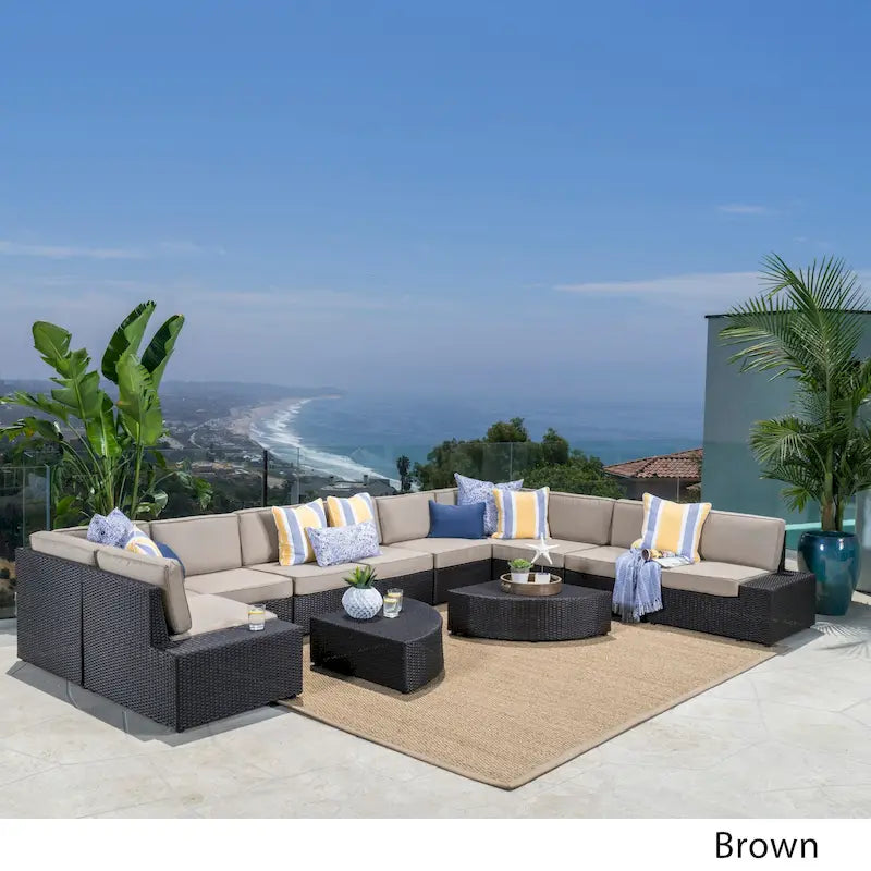 12-Piece PE Wicker Sofa Set Brown with Cushions 2 Ends 6 Armless 2 Corners 2 Tables