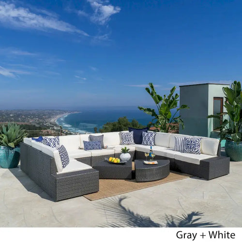 12-Piece PE Wicker Sofa Set Brown with Cushions 2 Ends 6 Armless 2 Corners 2 Tables