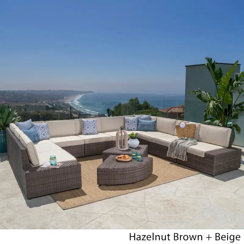 12-Piece PE Wicker Sofa Set Brown with Cushions 2 Ends 6 Armless 2 Corners 2 Tables