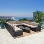 12-Piece PE Wicker Sofa Set Brown with Cushions 2 Ends 6 Armless 2 Corners 2 Tables