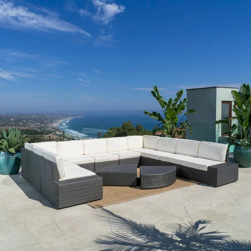 12-Piece PE Wicker Sofa Set Brown with Cushions 2 Ends 6 Armless 2 Corners 2 Tables