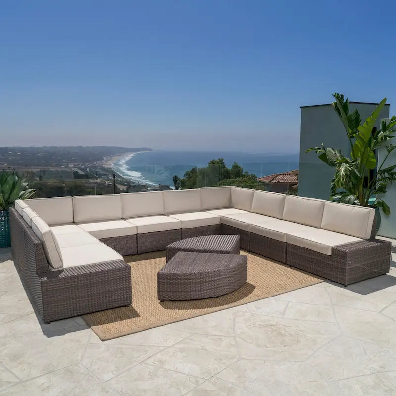12-Piece PE Wicker Sofa Set Brown with Cushions 2 Ends 6 Armless 2 Corners 2 Tables