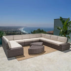 12-Piece PE Wicker Sofa Set Brown with Cushions 2 Ends 6 Armless 2 Corners 2 Tables
