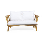 Acacia Wood Loveseat Teak Finish with White Cushions Slatted Design