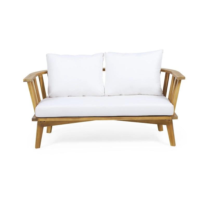 Acacia Wood Loveseat Teak Finish with White Cushions Slatted Design