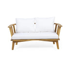 Acacia Wood Loveseat Teak Finish with White Cushions Slatted Design