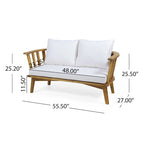 Acacia Wood Loveseat Teak Finish with White Cushions Slatted Design