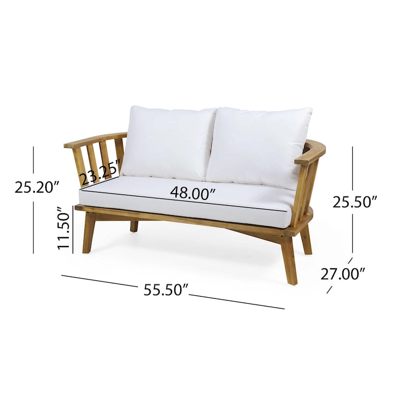 Acacia Wood Loveseat Teak Finish with White Cushions Slatted Design
