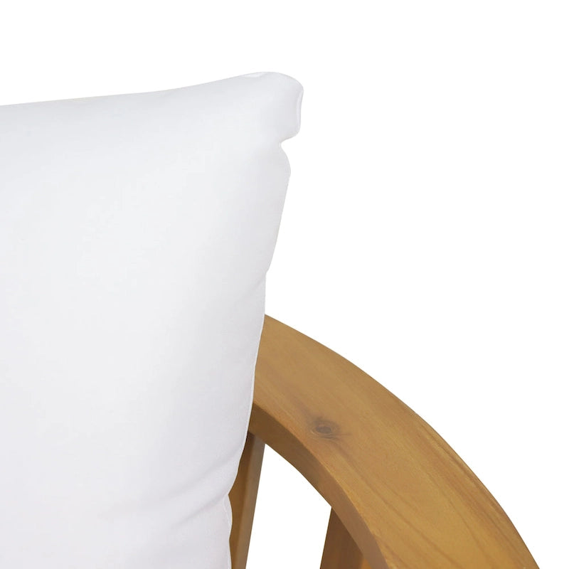 Acacia Wood Loveseat Teak Finish with White Cushions Slatted Design