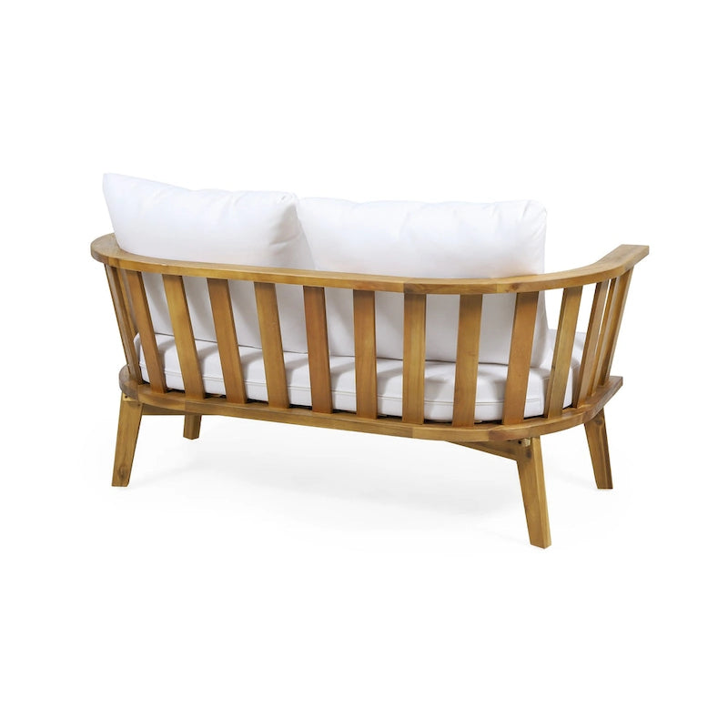 Acacia Wood Loveseat Teak Finish with White Cushions Slatted Design