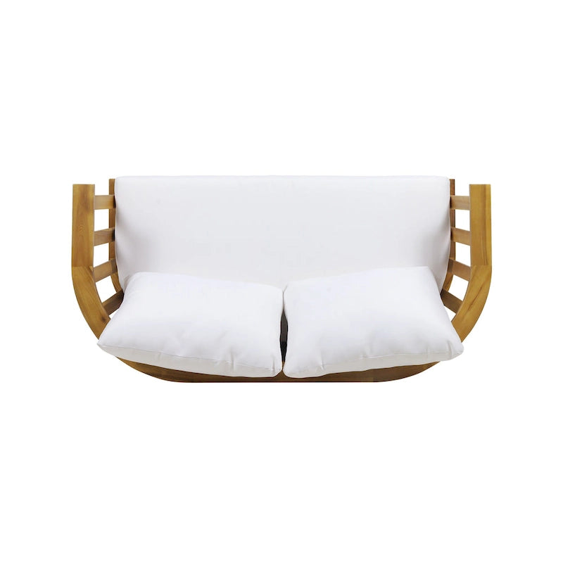 Acacia Wood Loveseat Teak Finish with White Cushions Slatted Design