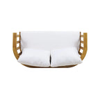 Acacia Wood Loveseat Teak Finish with White Cushions Slatted Design
