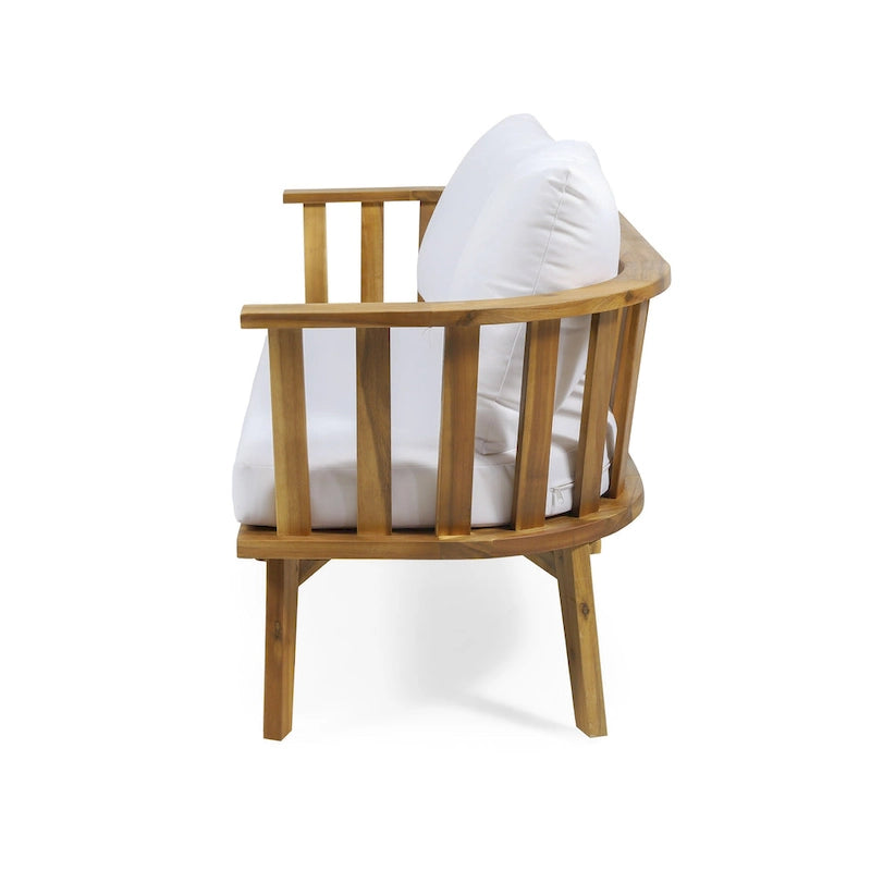 Acacia Wood Loveseat Teak Finish with White Cushions Slatted Design