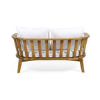 Acacia Wood Loveseat Teak Finish with White Cushions Slatted Design