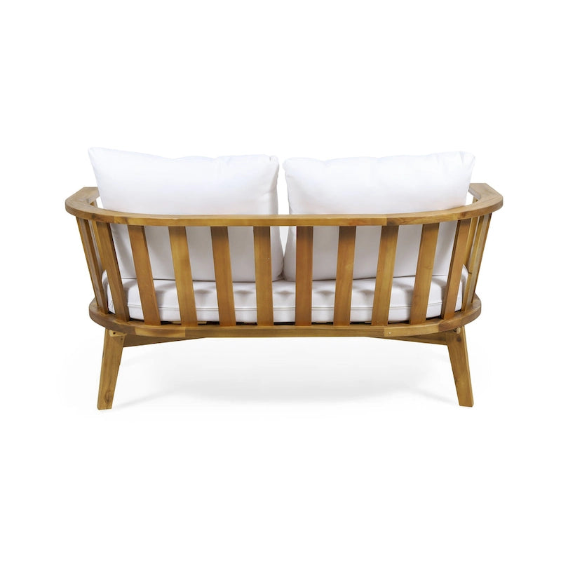 Acacia Wood Loveseat Teak Finish with White Cushions Slatted Design