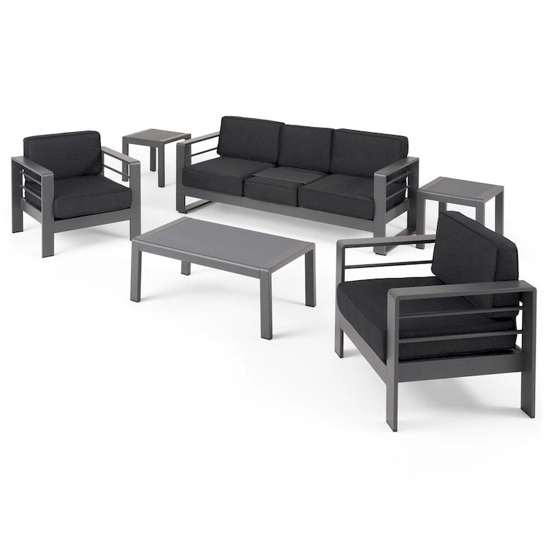 6-Piece Aluminum Chat Set Gray with Dark Gray Cushions for 5 People 1 Sofa 2 Chairs 3 Tables