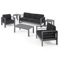 6-Piece Aluminum Chat Set Gray with Dark Gray Cushions for 5 People 1 Sofa 2 Chairs 3 Tables