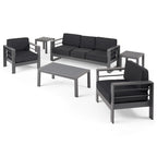6-Piece Aluminum Chat Set Gray with Dark Gray Cushions for 5 People 1 Sofa 2 Chairs 3 Tables