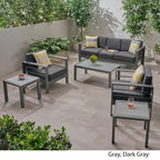 6-Piece Aluminum Chat Set Gray with Dark Gray Cushions for 5 People 1 Sofa 2 Chairs 3 Tables