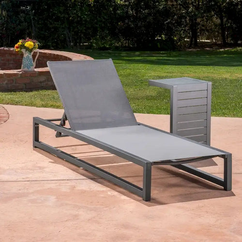2-Piece Aluminum Chaise Lounge Set Gray Mesh Armless with C-Shaped Table