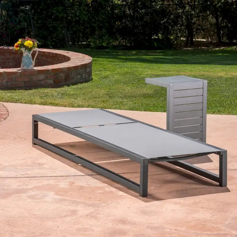 2-Piece Aluminum Chaise Lounge Set Gray Mesh Armless with C-Shaped Table