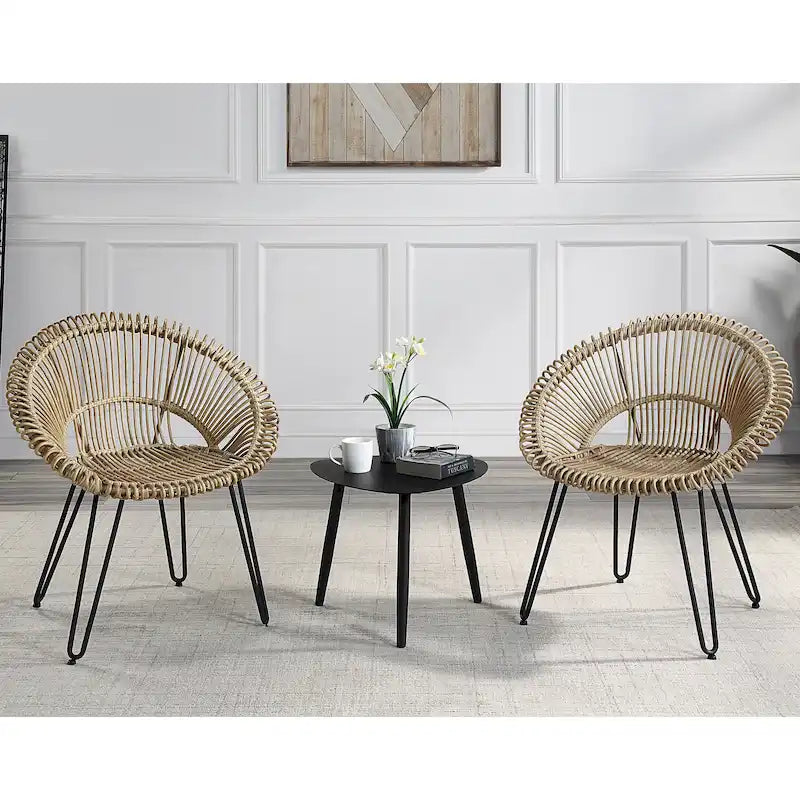 3-Piece Wicker Bistro Set Black Aluminum Frame 2 Round Chairs 1 Table