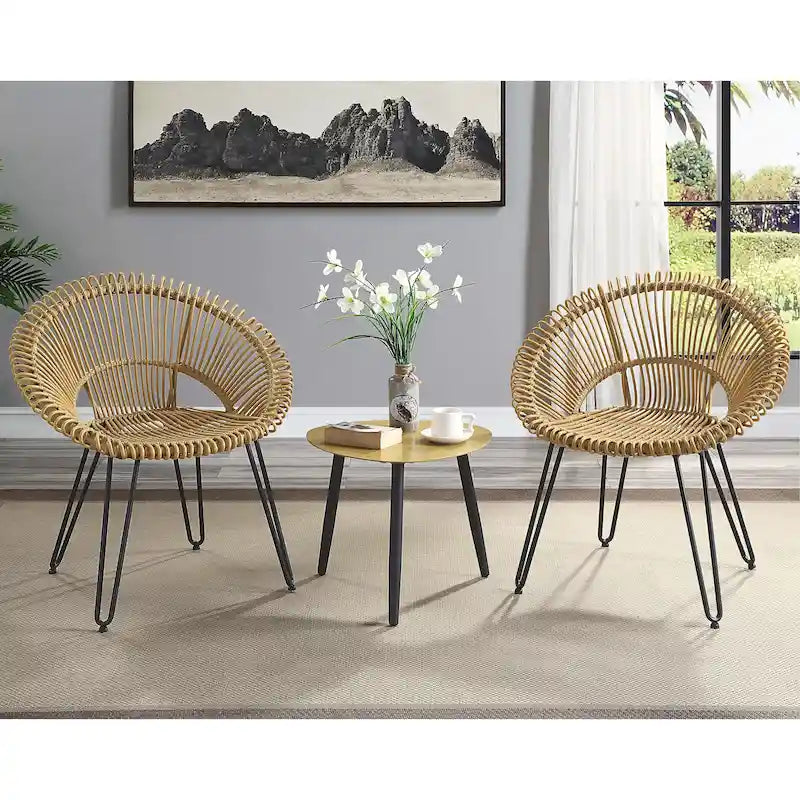 3-Piece Wicker Bistro Set Black Aluminum Frame 2 Round Chairs 1 Table