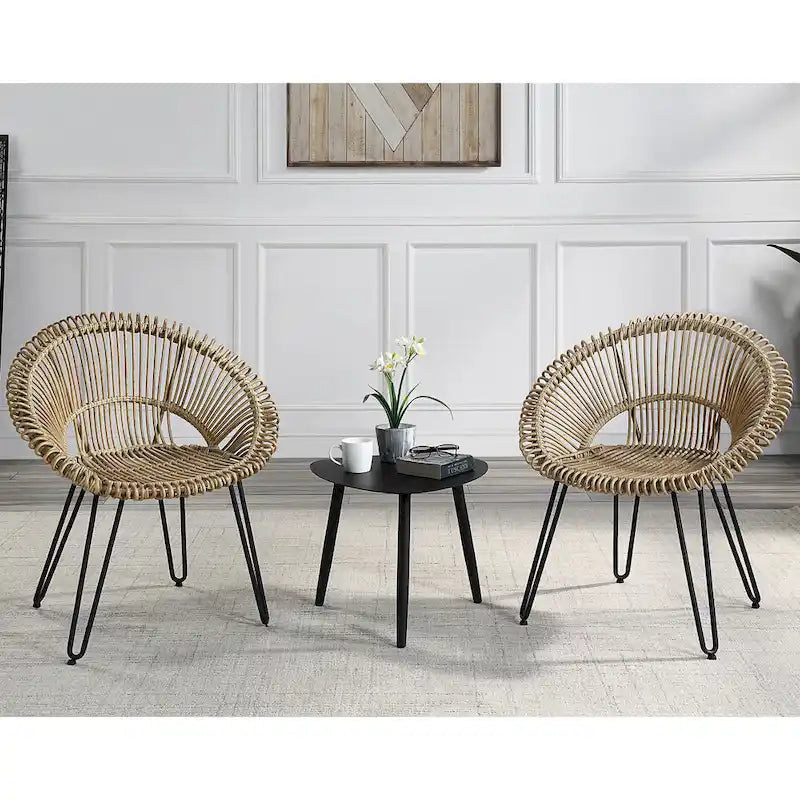 3-Piece Wicker Bistro Set Black Aluminum Frame 2 Round Chairs 1 Table