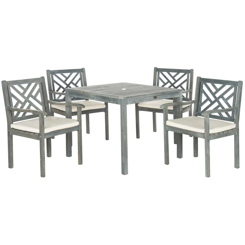 5-Piece Acacia Wood Dining Set for 4 People 4 Armchairs with Beige Cushions