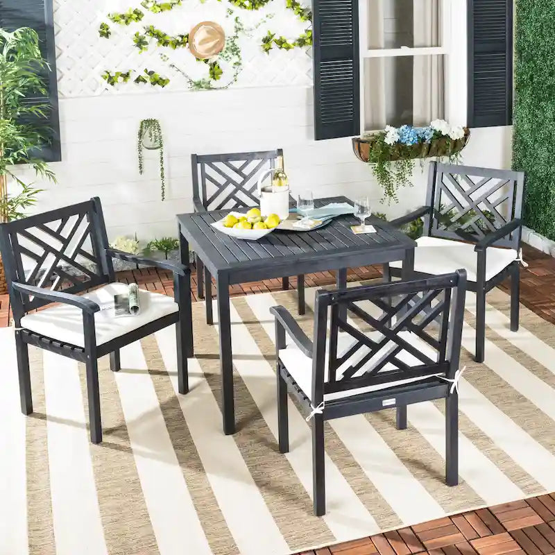 5-Piece Acacia Wood Dining Set for 4 People 4 Armchairs with Beige Cushions