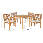 5-Piece Acacia Wood Dining Set for 4 People 4 Armchairs with Beige Cushions