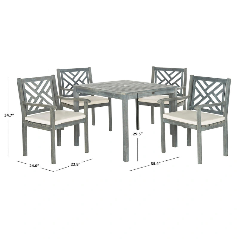 5-Piece Acacia Wood Dining Set for 4 People 4 Armchairs with Beige Cushions