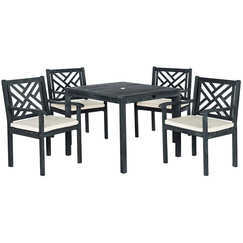 5-Piece Acacia Wood Dining Set for 4 People 4 Armchairs with Beige Cushions