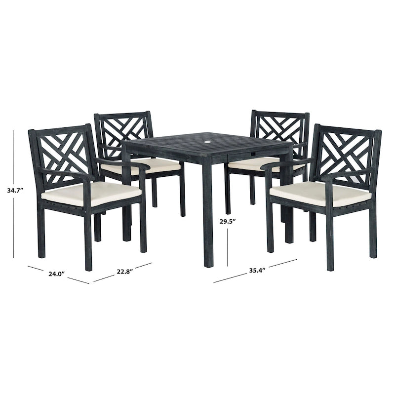 5-Piece Acacia Wood Dining Set for 4 People 4 Armchairs with Beige Cushions