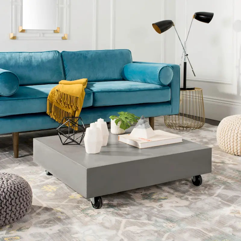 Square Concrete Coffee Table Modern with Casters 31.5x31.5 inches