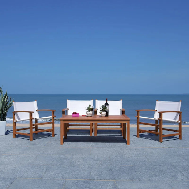 5-Piece Eucalyptus Wood Patio Dining Set for 4 People 4 Armchairs 1 Table