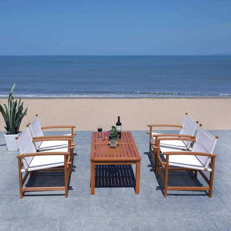 5-Piece Eucalyptus Wood Patio Dining Set for 4 People 4 Armchairs 1 Table